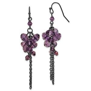 1928 Black-plated Smokey Purple Glass Faceted Beads Cluster Dangle Earrings
